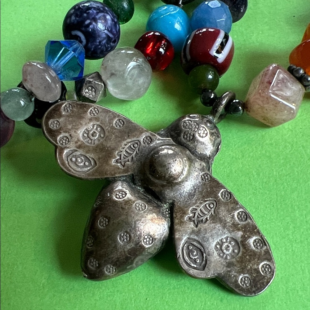 Colorful Beaded Necklace with Silver Bee Pendant - Picture 2 of 6